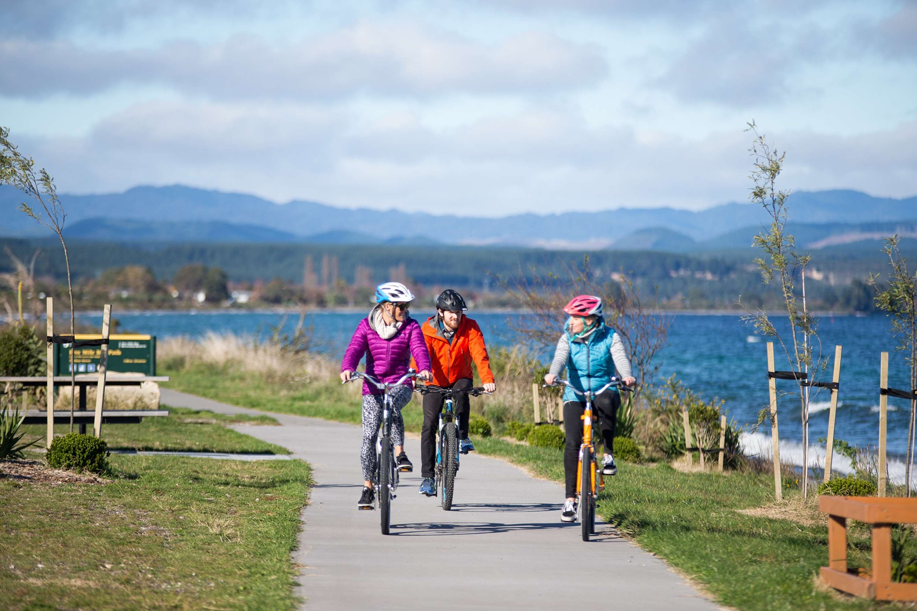 Biking along lake taupo